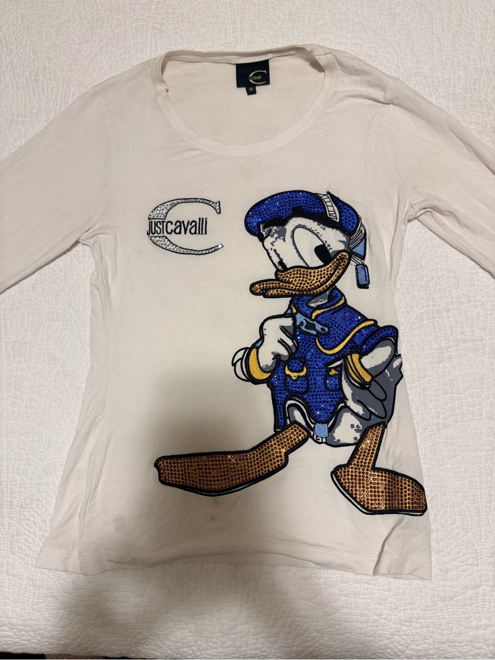 Just Cavalli Kids White Long Sleeve Donald Duck Sequin Top